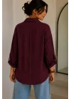 Kadın Bordo Pamuklu Keten Çift Cepli Ahşap Düğme Pinterest Oversize Gömlek