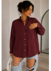 Kadın Bordo Pamuklu Keten Çift Cepli Ahşap Düğme Pinterest Oversize Gömlek