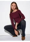 Kadın Bordo Transparan Kayık Yaka Kaşmir Hafif Bluz