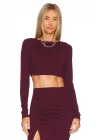 Kadın Bordo Uzun Kol Çift Kat İpek Jarse Crop Top