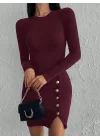 Kadın Bordo Uzun Kollu Bisiklet Yaka Yan Yırtmaç Düğme Detay Kısa Kaşkorse Elbise
