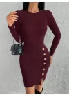 Kadın Bordo Uzun Kollu Bisiklet Yaka Yan Yırtmaç Düğme Detay Kısa Kaşkorse Elbise