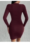 Kadın Bordo Uzun Kollu Bisiklet Yaka Yan Yırtmaç Düğme Detay Kısa Kaşkorse Elbise