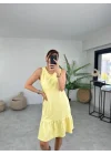 Kadın Bürümcük Kumaş Eteği Fırfır Detaylı Sıfır Kol Elbise