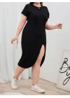 Kadın Büyük Beden Kısa Kollu Yanı Yırtmaçlı Bisiklet Yaka Viskon Elbise