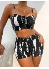 Kadın Büzgü Detay Askılı Crop Mini Tayt Ikili Takım