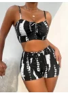 Kadın Büzgü Detay Askılı Crop Mini Tayt Ikili Takım