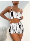 Kadın Büzgü Detay Askılı Crop Mini Tayt Ikili Takım