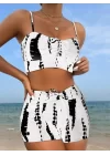 Kadın Büzgü Detay Askılı Crop Mini Tayt Ikili Takım