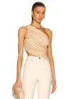 MetuCa Kadın Bej Tek Omuz Drapeli Jarse Kumaş Asimetrik Vücudu Saran Crop Top Bluz Büstiyer
