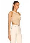 MetuCa Kadın Bej Tek Omuz Drapeli Jarse Kumaş Asimetrik Vücudu Saran Crop Top Bluz Büstiyer