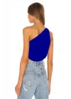 MetuCa Kadın Mavi Tek Omuz Drapeli Jarse Kumaş Asimetrik Crop Top Bluz Büstiyer
