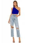 MetuCa Kadın Mavi Tek Omuz Drapeli Jarse Kumaş Asimetrik Crop Top Bluz Büstiyer