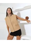 Kadın Camel Fermuarlı Dik Yaka Triko Detaylı Astarlı Boucle Yelek