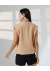 Kadın Camel Fermuarlı Dik Yaka Triko Detaylı Astarlı Boucle Yelek
