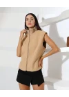 Kadın Camel Fermuarlı Dik Yaka Triko Detaylı Astarlı Boucle Yelek