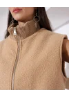 Kadın Camel Fermuarlı Dik Yaka Triko Detaylı Astarlı Boucle Yelek