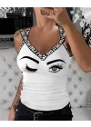 Kadın çapraz Love şeritli Göz Baskılı Viskon Bluz