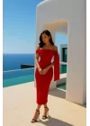 Kadın Dalgıç Krep Kumaş Madonna Yaka Midi Boy Elbise