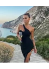 Kadın Dalgıç Krep Kumaş Taş Ve Yırtmaç Detaylı Elbise