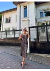 Kadın Dalgıç Kumaş Dijital Leopar Baskılı Midi Boy Elbise