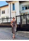 Kadın Dalgıç Kumaş Dijital Leopar Baskılı Midi Boy Elbise