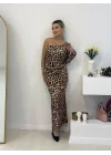 Kadın Dalgıç Kumaş Leopar Baskılı Yan Dekolte Detaylı Elbise