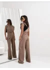 Kadın Dalgıç Kumaş Sıfır Kol Bluz Ve Bol Kesim Pantolon Ikili Takım