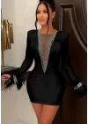 Kadın Dalgıç Kumaş Tül Ve Taş Aksesuarlı Kolları Tüylü Mini Boy Elbise