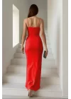 Kadın Dalgıç Kumaş V Yaka Yırtmaç Detaylı Maxi Boy Elbise