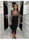 Kadın Dijital Baskılı Full Likralı Kristal örme Kumaş Drape Detaylı Yırtmaç Dekolteli Midi Boy Elbise