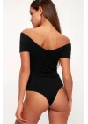Kadın Siyah Kayık Yaka Kısa Kollu Çift Katlı Sandy Kumaş Tanga Body