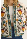 Kadın Ekru Renkli Çiçek Nakış İşlemeli Yakasız Mevsimlik Denim Pinterest Ceket