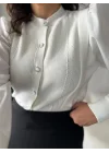 Kadın Ekru Sedef Düğmeli Kolları Poplin Balon Kol Triko Hırka Bluz