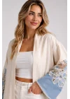 Kadın Ekru Sırtı Dantel Güpür İşlemeli Kot Kimono Ceket Denim Üst