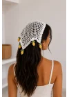 Kadın Ekru Triko Limon Sallantılı Örgü Bandana Yazlık Saç Eşarbı