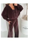 MetuCa Kadın Kahverengi 3lü Fransız Kadife Eşofman Takımı Ceket, Straplez ve Geniş Paça Pantolon