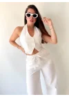 Kadın Gabardin Kumaş Boyundan Bağlamalı Yelek Bluz Salaş Pantolon İkili Takım
