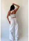 Kadın Gabardin Kumaş Boyundan Bağlamalı Yelek Bluz Salaş Pantolon İkili Takım