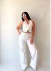 Kadın Gabardin Kumaş Boyundan Bağlamalı Yelek Bluz Salaş Pantolon İkili Takım