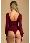 Kadın Bordo Çift Katlı Sandy Kumaş Kalp Yaka Uzun Kol Çıtçıtlı Tanga Bodysuit