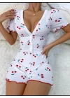 Kadın Göğüs Dekolteli Pinterest Kiraz Desen Full Likralı şort Tulum