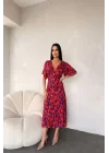 Kadın Göğüs Dekolteli Yaprak Desen Dokuma Viskon Kumaş Maxi Boy Elbise