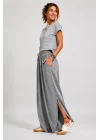 Kadın Gri Keten Yırtmaçlı Kruvaze Bohem Pinterest Geniş Paça Etek Pantolon