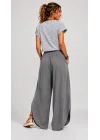 Kadın Gri Keten Yırtmaçlı Kruvaze Bohem Pinterest Geniş Paça Etek Pantolon