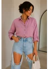 Kadın Gül Kurusu Pamuklu Keten Çift Cepli Ahşap Düğme Pinterest Oversize Gömlek