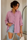 Kadın Gül Kurusu Pamuklu Keten Çift Cepli Ahşap Düğme Pinterest Oversize Gömlek