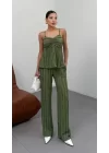 Kadın Haki Dokulu Askılı Üst Ve Bol Paça Pantolon 2’li Takım