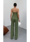 Kadın Haki Dokulu Askılı Üst Ve Bol Paça Pantolon 2’li Takım