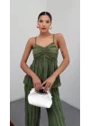 Kadın Haki Dokulu Askılı Üst Ve Bol Paça Pantolon 2’li Takım